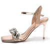Summer One-word Rhinestone Square Head Sandals Women's Stiletto Open-toed Crystal Gemstone High Heels