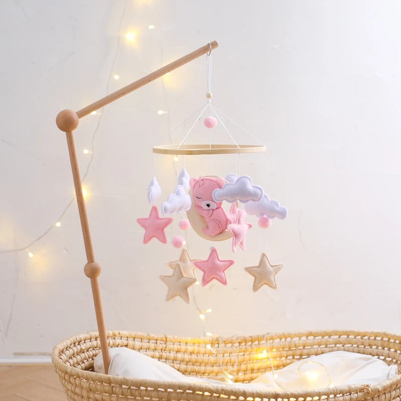 Baby Crib Mobile Rattle Toy 0-12Months Infant Soft Felt Teddy Velvet Pink Bear Bed Bell Hanging Toy Holder Bracket Crib Girl Toy