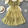 2024 New Summer Flower Print Long Dress Women Vintage Square Neck Ruched Chest Sash Bandage Sundress Party Vestidos