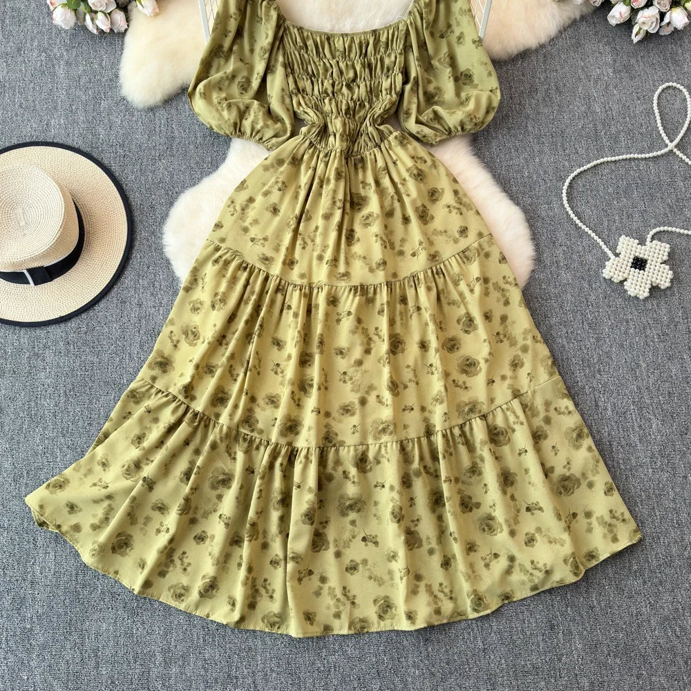 2024 New Summer Flower Print Long Dress Women Vintage Square Neck Ruched Chest Sash Bandage Sundress Party Vestidos