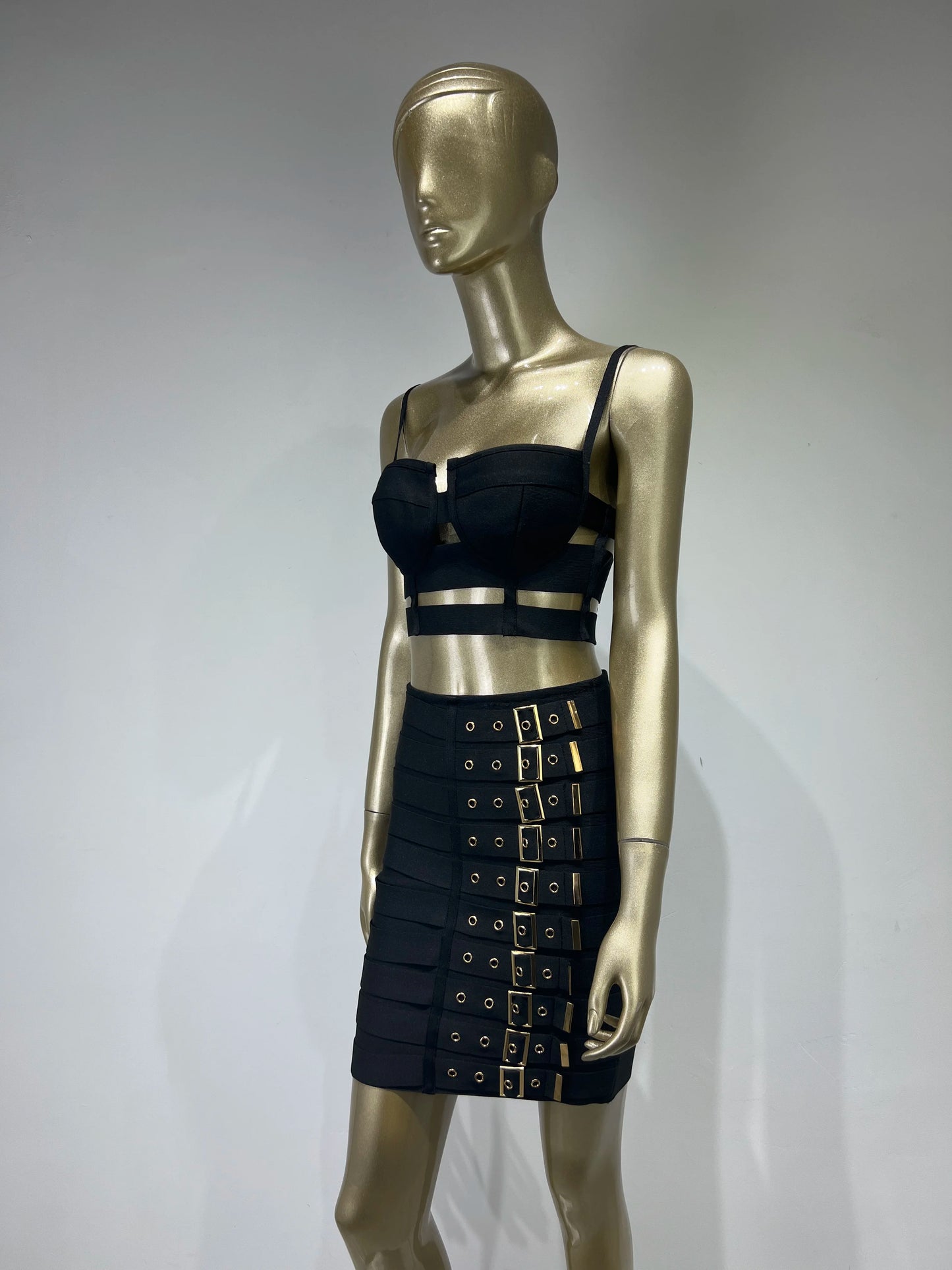 Women Celebrity Sexy Cut Out Mental Black White Mini Bodycon Bandage Skirt Set 2023 Elegant Evening Birthday Club Party Outfits