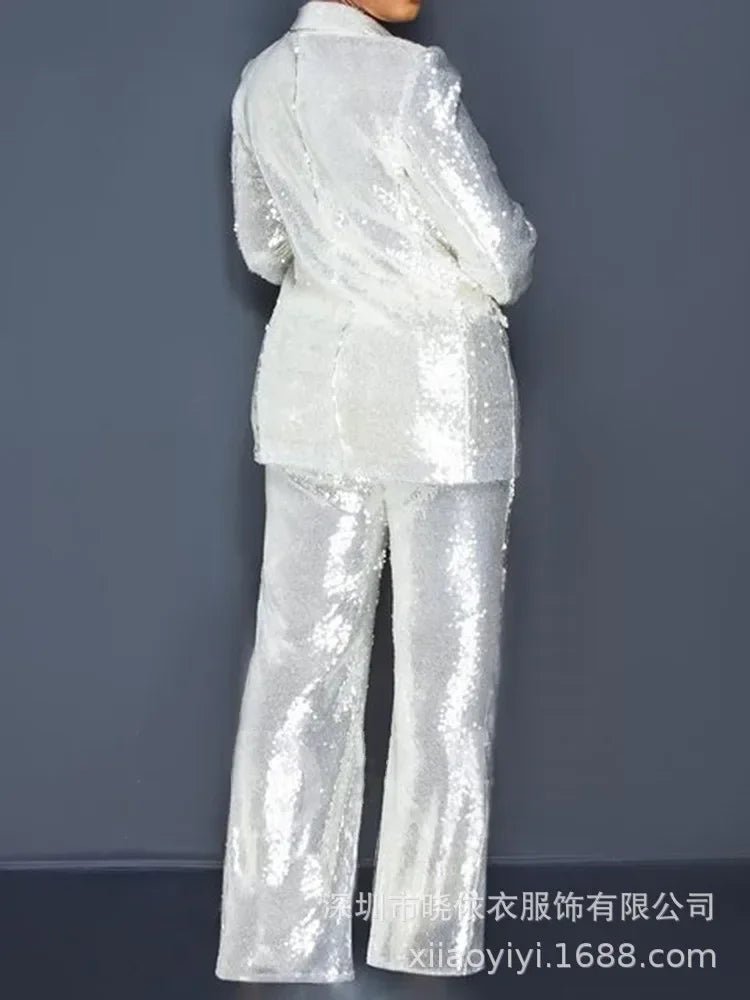 Women Two Piece Sets Sequin Blazer V Neck Full Sleeve Coats Temperament Slim Fit Casual High Waist Wide Leg Long Pants Suits