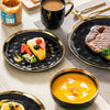 LOVECASA 16/32 Piece Black Porcelain Dinnerware Set with Gold Trim Dessert Plate,Dinner Plate,Cup,Bowl Tableware Set