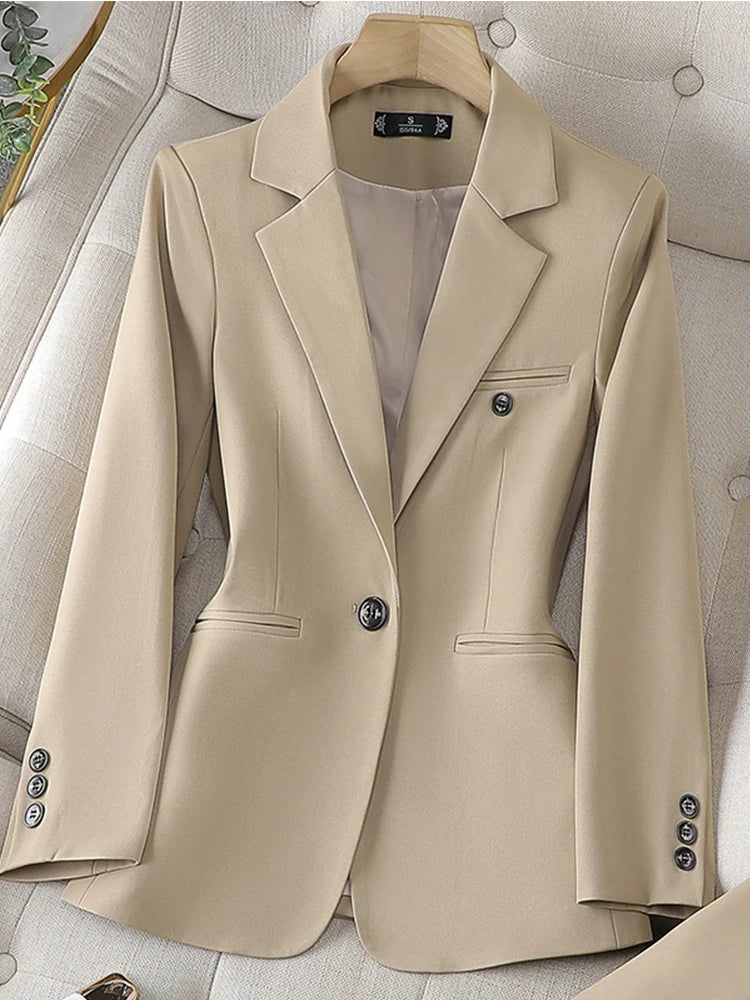 High Quality Long Sleeve Female Blazer Women Blue Coffee Khaki Single Button Slim Jacket Ladies Business Work Wear Formal Coat