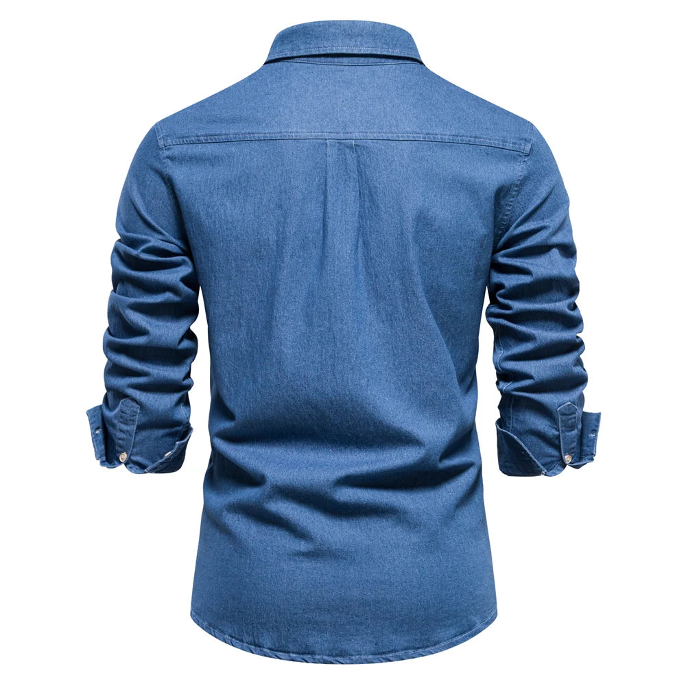 AIOPESON Autumn New Cotton Men's Denim Shirt Solid Color Single Pocket Casual Long Sleeve Shirt Autumn Jeans Shirt for Men