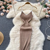 Summer V Neck Knit Sexy Strap Dress Women Elatic Waist Bodycon Sundress Female Beach Backless Maxi Long Dress