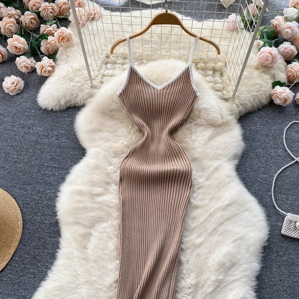 Summer V Neck Knit Sexy Strap Dress Women Elatic Waist Bodycon Sundress Female Beach Backless Maxi Long Dress