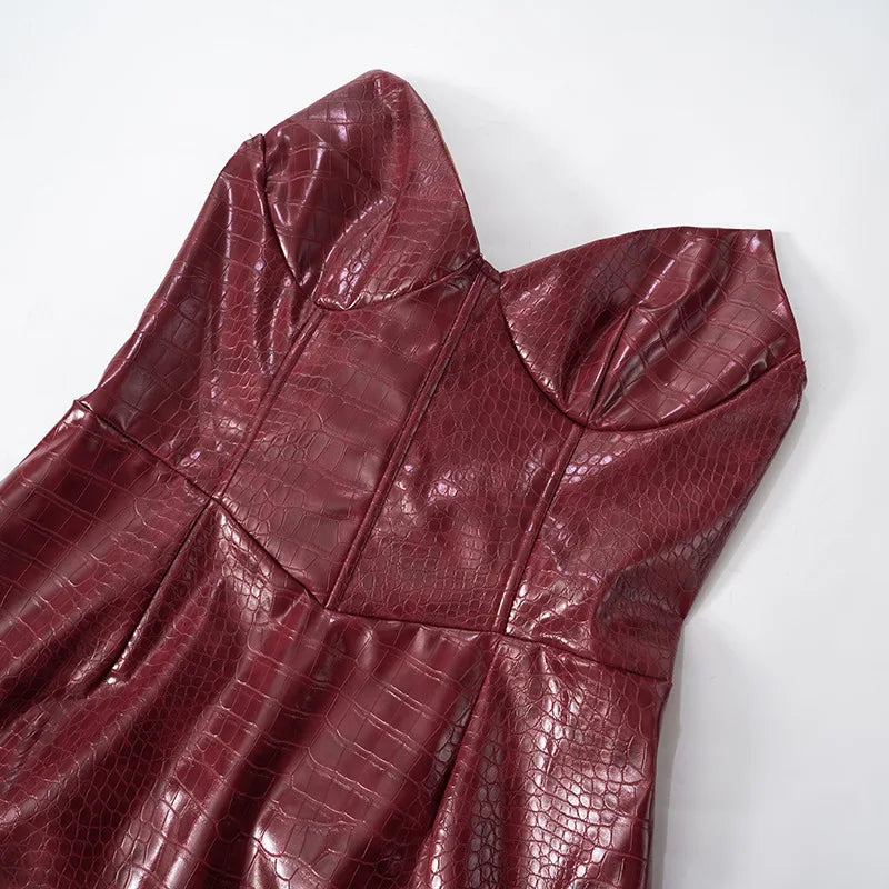 Luxury Leather Strapless Short Dress Womens Sleeveless Backless Sexy Crocodile Skin Pattern Party Dresses 2025 Evening Red Brown