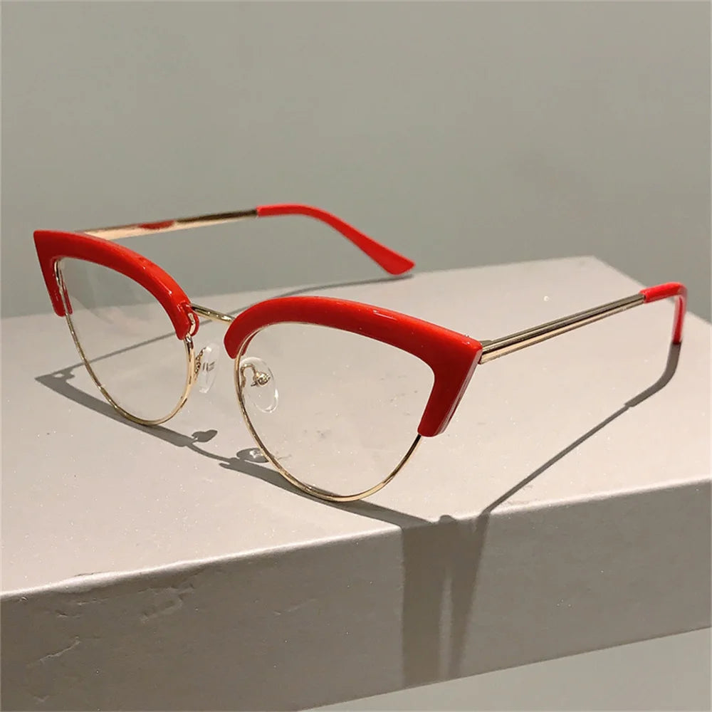 2023 New Vintage Cat Eye Glasses Frame New Stylish Semi Metal Rim Women Eyewear Trendy Brand Design Non-prescription Eyeglasses