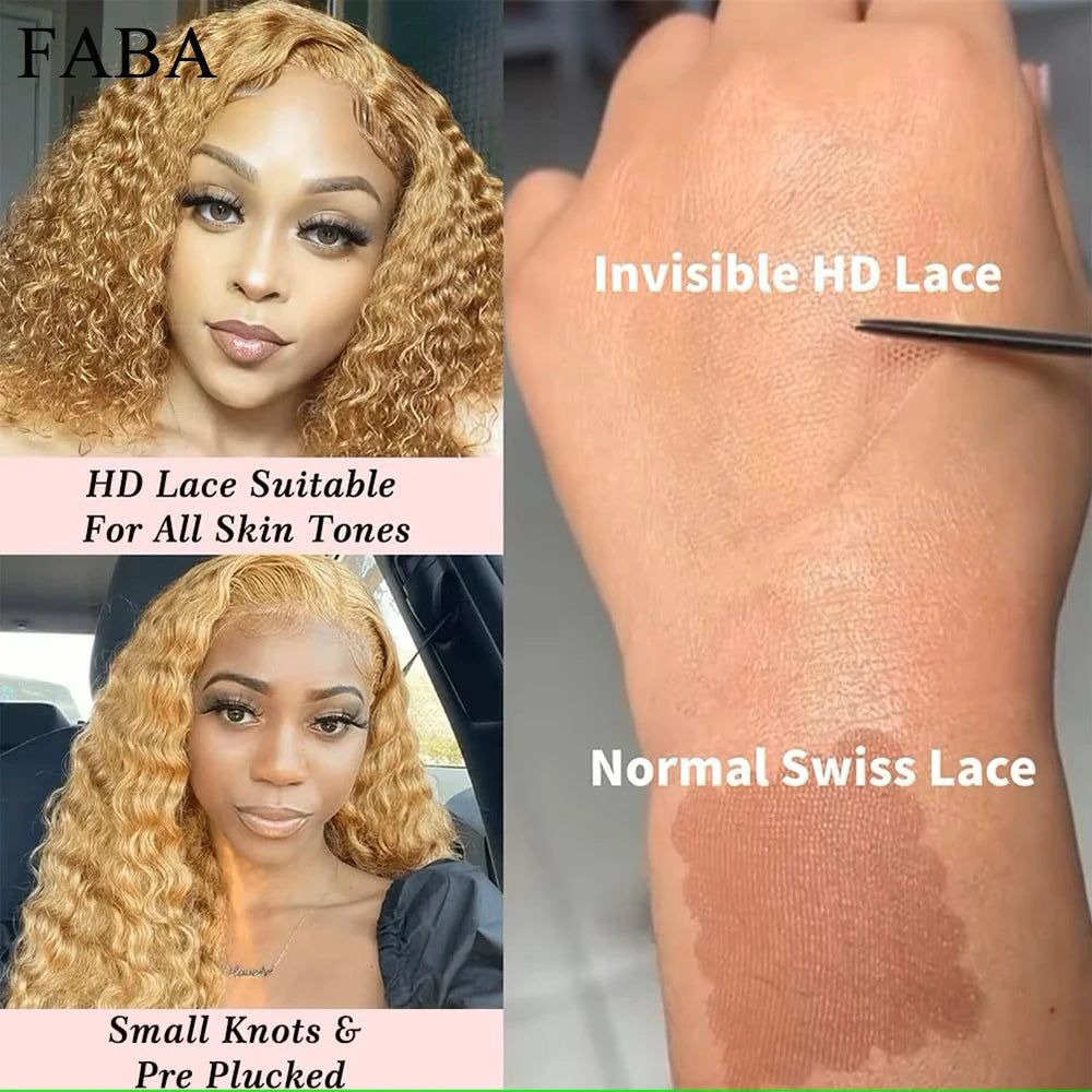 FABA Glueless Wigs Human Hair #27 Color Honey Blonde Deep Wave Human Hair Wig 13x4 Lace Frontal Wigs with Baby Hair 180% Density