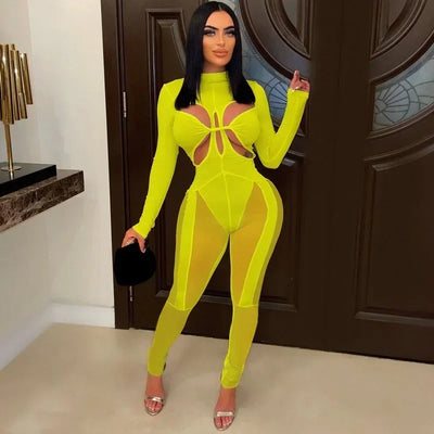 GUWU Mesh Patchwork Cut Out High Wais Long Sleeve Skinny Stretch Sexy Jumpsuit Hollow Out Night Club Women Overalls