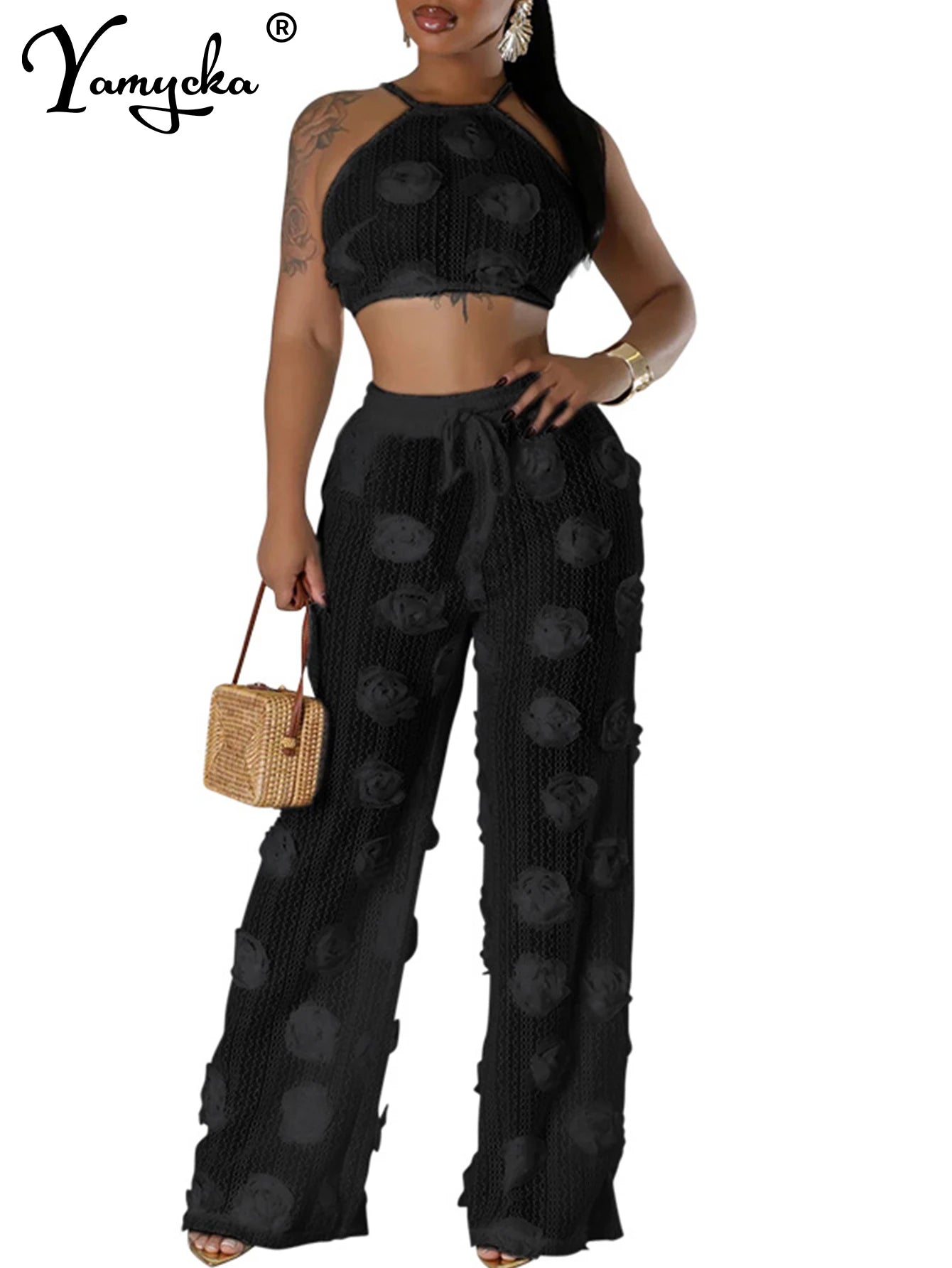 Sexy see through lace up vacation jumpsuits women summer body party club outfits streetwear womens jumpsuit Wide leg pants sets