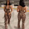 HLJ Sexy Striped Print Tassel Patchwork Bodycon Jumpsuit Women Halter Backless Skinny Rompers Female Party Clubwear Overalls New