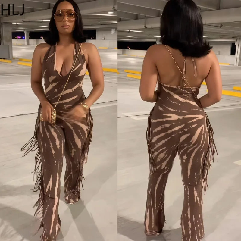 HLJ Sexy Striped Print Tassel Patchwork Bodycon Jumpsuit Women Halter Backless Skinny Rompers Female Party Clubwear Overalls New