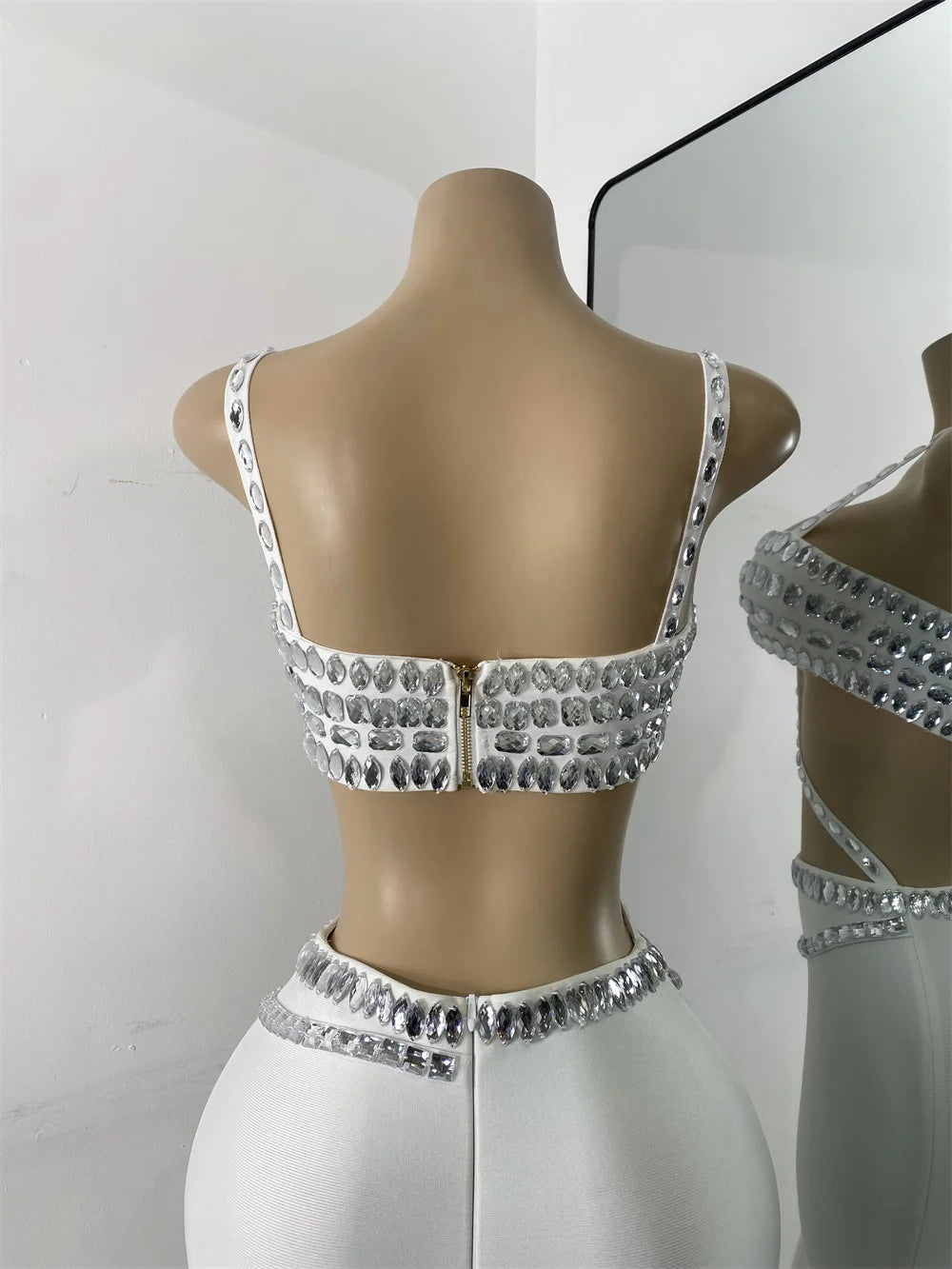 Luxury Crystal Diamonds Top Skirt Two Pieces Women's Bandage Sets White Black Knitted Celebrity Evening Birthday Party Outfit