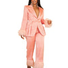 Wmstar Two Piece Set Women Turn Down Collar Feathers Patchwork Top and Pants Suit Matching Fall Clothes Wholesale Dropshpping