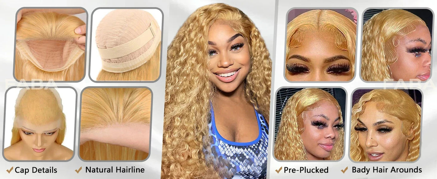 FABA Glueless Wigs Human Hair #27 Color Honey Blonde Deep Wave Human Hair Wig 13x4 Lace Frontal Wigs with Baby Hair 180% Density
