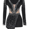 Women Sexy Rompers V-Neck Mesh Rhinestone Skinny Long Sleeve Playsuits