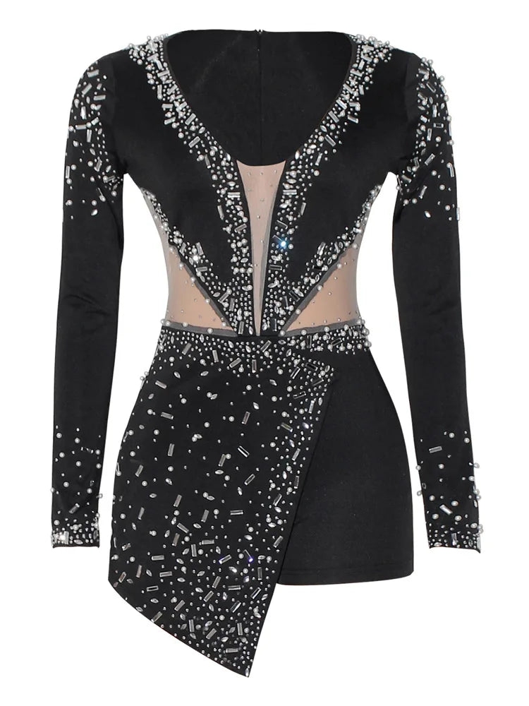 Women Sexy Rompers V-Neck Mesh Rhinestone Skinny Long Sleeve Playsuits