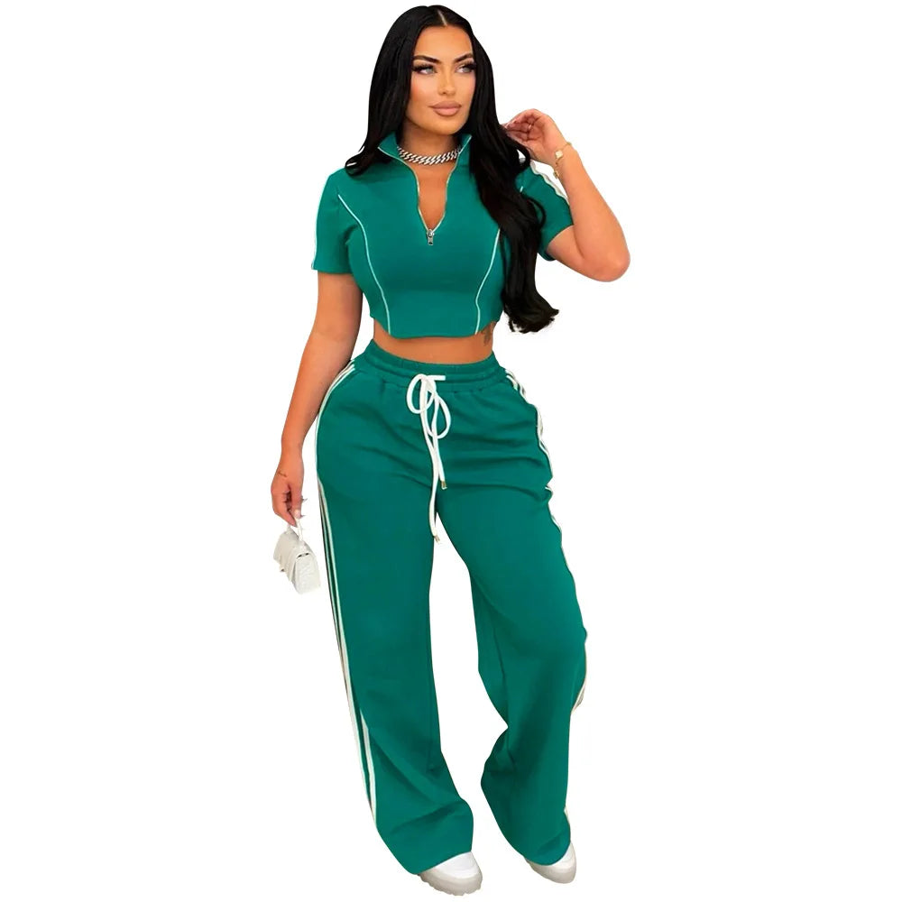 Fashion Casual Short Hoodie 2 Piece Women Summer Zipper Top Short Sleeved Sports T Shirt Stripe Splicing Long Pants Female Suit