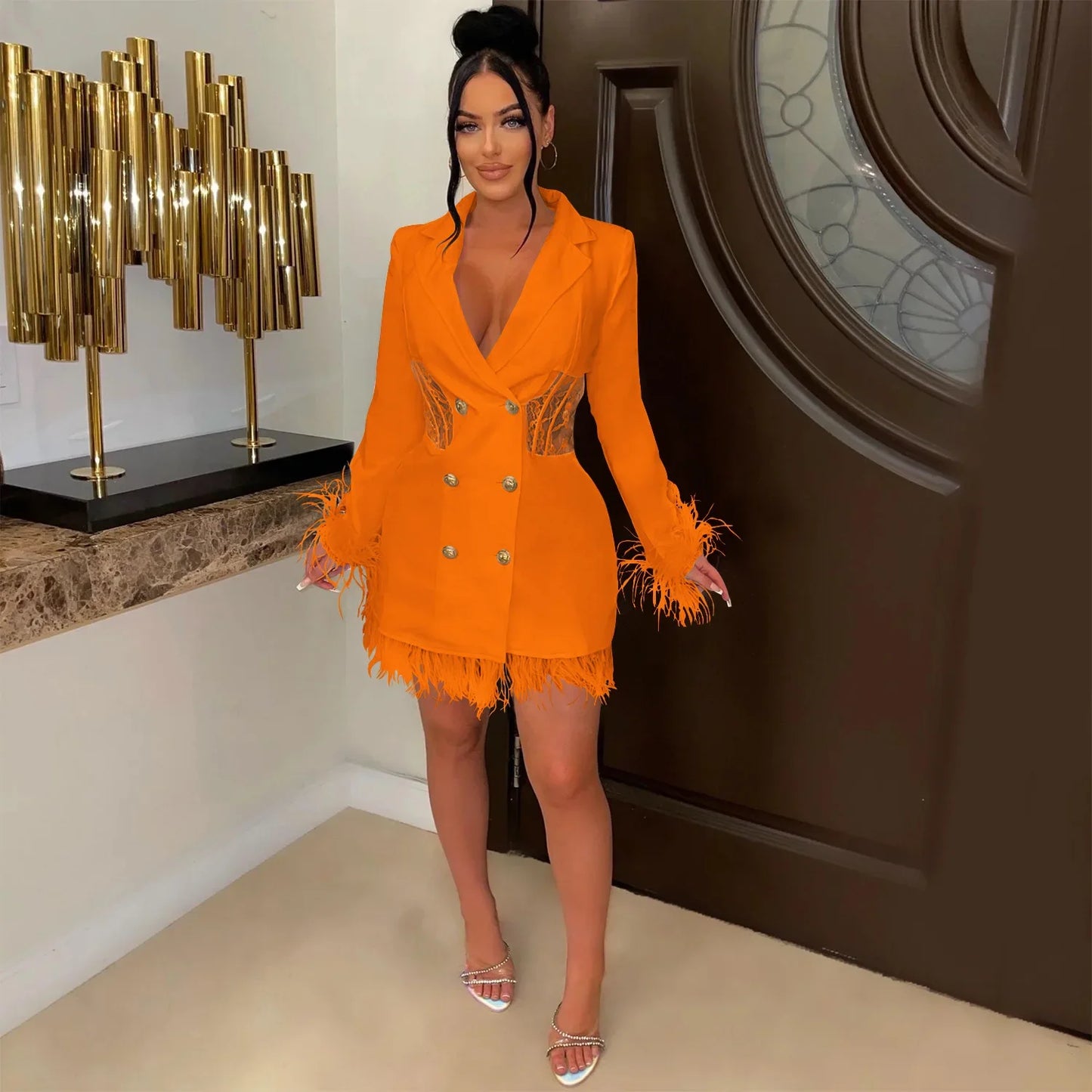 FANAN Elegant Women Double Breasted Tassel Hem and Long Sleeve Notched Collar Lace Waist Patchwork Blazer Dress Vestidos 2022