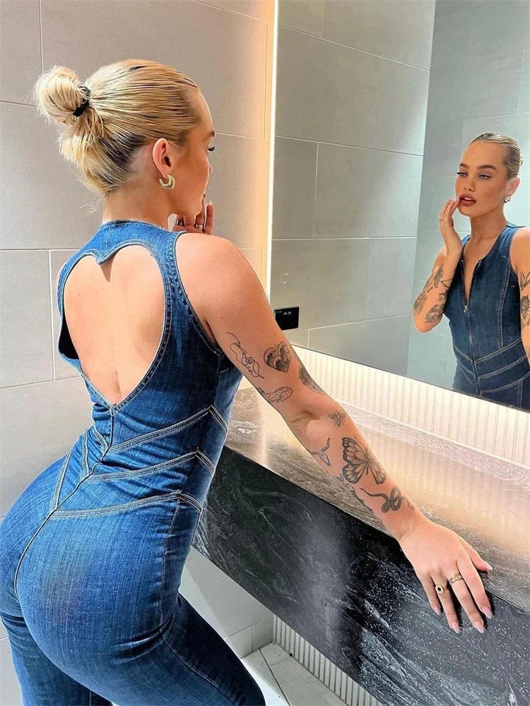 TARUXY Backless Heart Cutout Bodycon Jumpsuit For Women Casual Sleeveless Slim One-Piece Outfits Retro Denim Jumpsuits New 2025