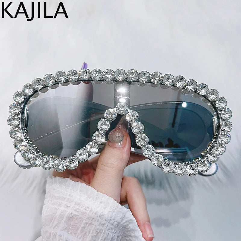 Oversized Punk Rhinestones Sunglasses Women 2024 Luxury Brand One-Piece Y2K Sports Sun Glasses for Lady Steampunk Eyewear UV400