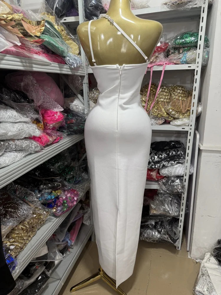 White Sexy One-Shoulder, Off-The-Shoulder, Rhinestone, Backless,One-Shoulder Tight, Hip-Hugging Bandage Dress