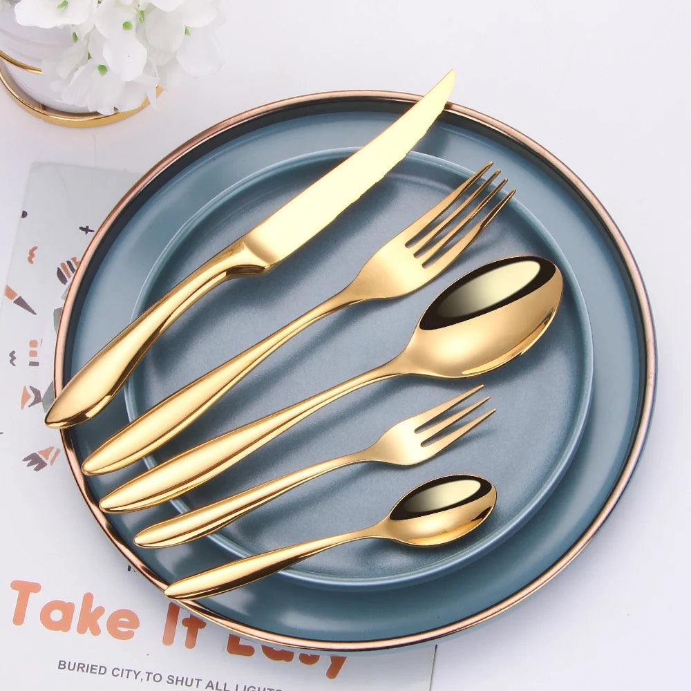 6/16/20/24Pcs Gold Tableware Stainless Steel 304 Cutlery Set Western Dinner Set Mirror Knife Fork Spoon Smooth Handle Flatware