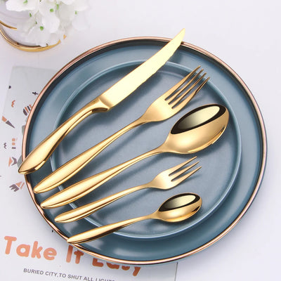 6/16/20/24Pcs Gold Tableware Stainless Steel 304 Cutlery Set Western Dinner Set Mirror Knife Fork Spoon Smooth Handle Flatware