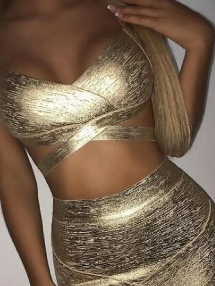 BEAUKEY Sexy Short Metalic HL Bandage Crop Top Women Vest Gold Silver  XL Camis Bodycon Club Party Tank Top  Wholesale