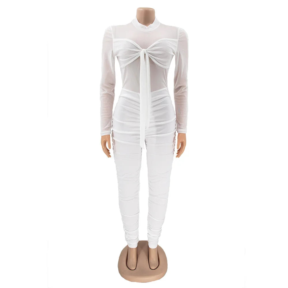 Sexy Mesh Patchwork Jumpsuits for Women Elegant Long Sleeve Bandage One Piece Party Long Bodysuit
