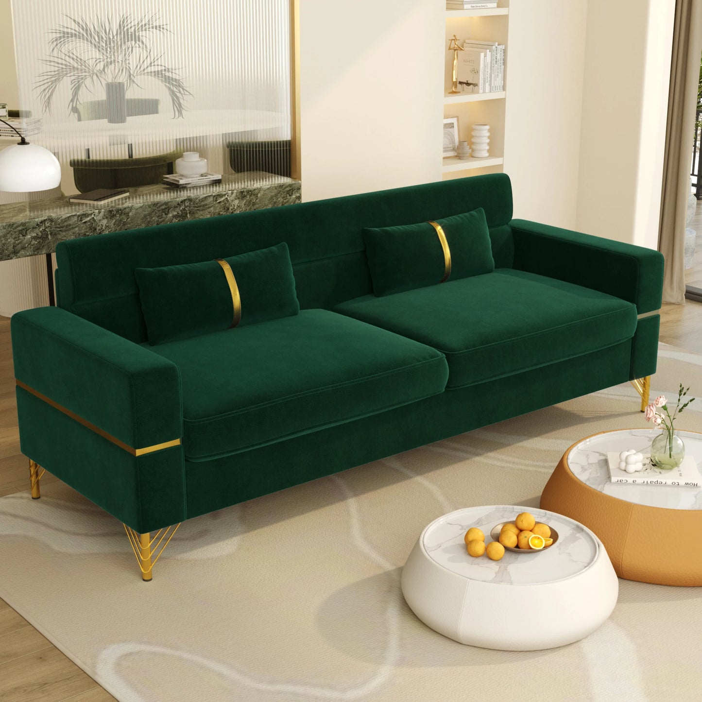 86 Inch Velvet Sofa with Gold Legs - Comfy Couch, Lounge Sofa, 3 Seater Couch - Luxury Velvet Couch for Living Room Décor