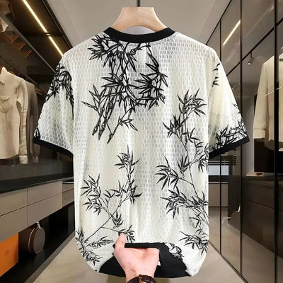Simplicity Trendy Summer Men's O-Neck Printing Hollow Out Gauze Fashion Casual All-match Loose Short Sleeve T-Shirts Tops