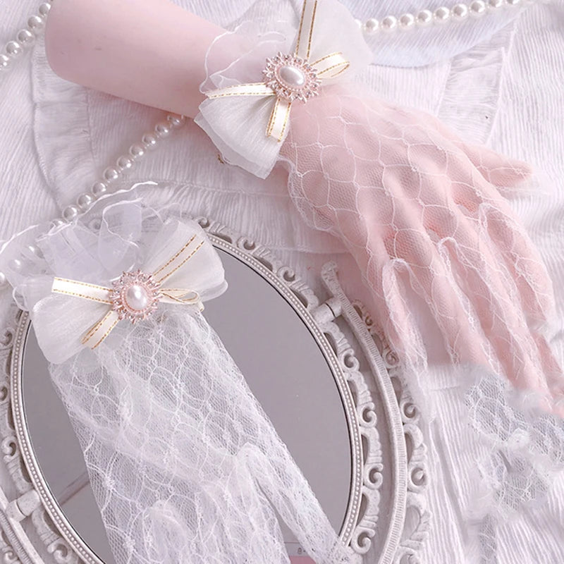 Girl Lolita Mesh Bow Flower Lace Gloves Black White Lace Gloves lolita Lace Sleeves Cosplay Jewelry