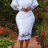 Elegant Women White Lace Dress Puff Sleeve Embroidery Pencil Dress Large Size 4XL Ladies Wedding Birthday Dinner Evening Clothes