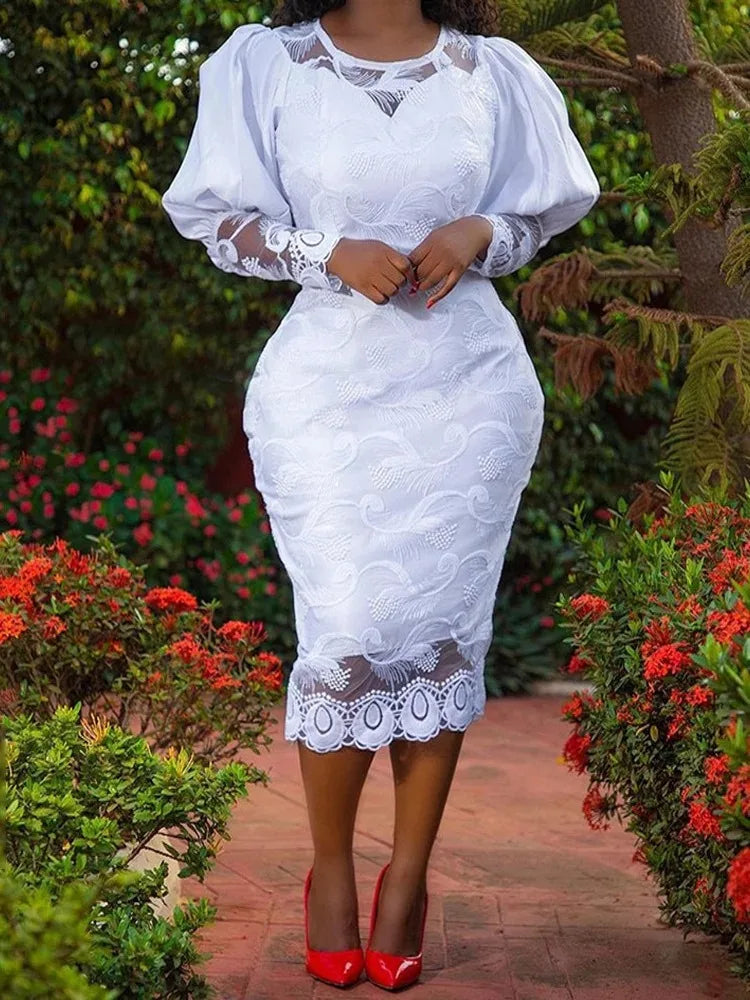 Elegant Women White Lace Dress Puff Sleeve Embroidery Pencil Dress Large Size 4XL Ladies Wedding Birthday Dinner Evening Clothes