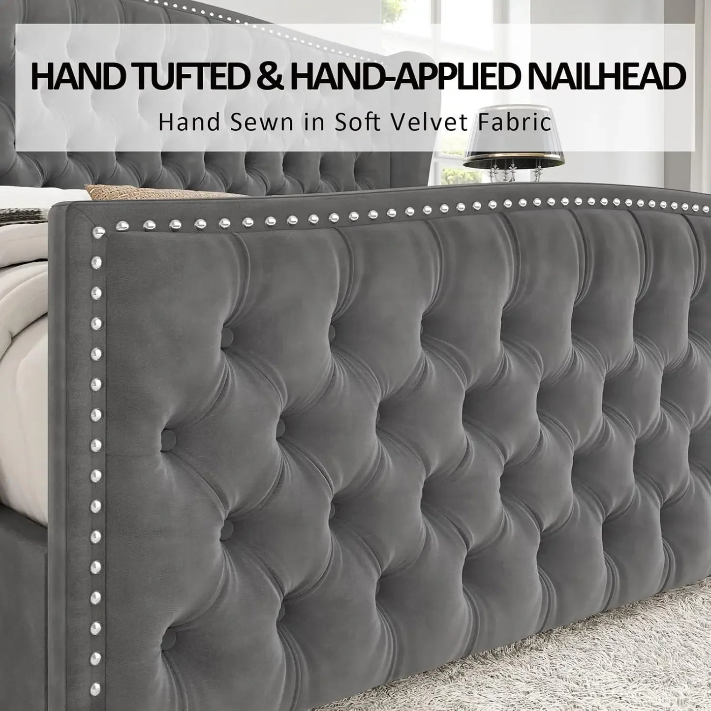 King Size Platform Bed Frame, Velvet Upholstered Bed with Deep Button Tufted & Nailhead Trim Wingback Headboard