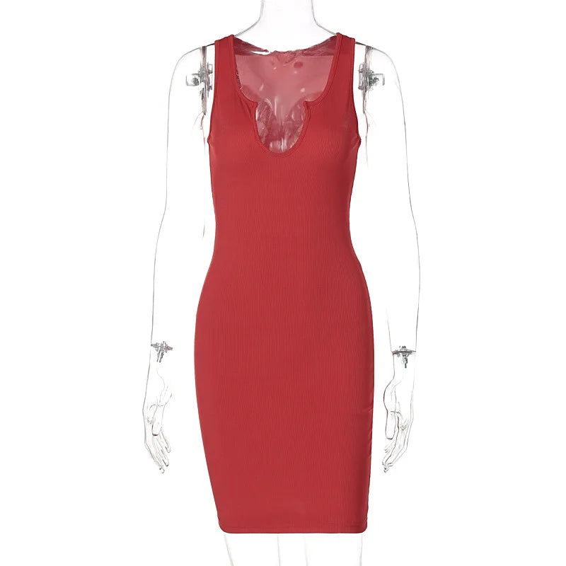 Sexy Deep U Neck Wrap Chest Slim Bodycon Dress Women Sleeveless Solid Color Skinny Dress Elegant Club Party Vestidos