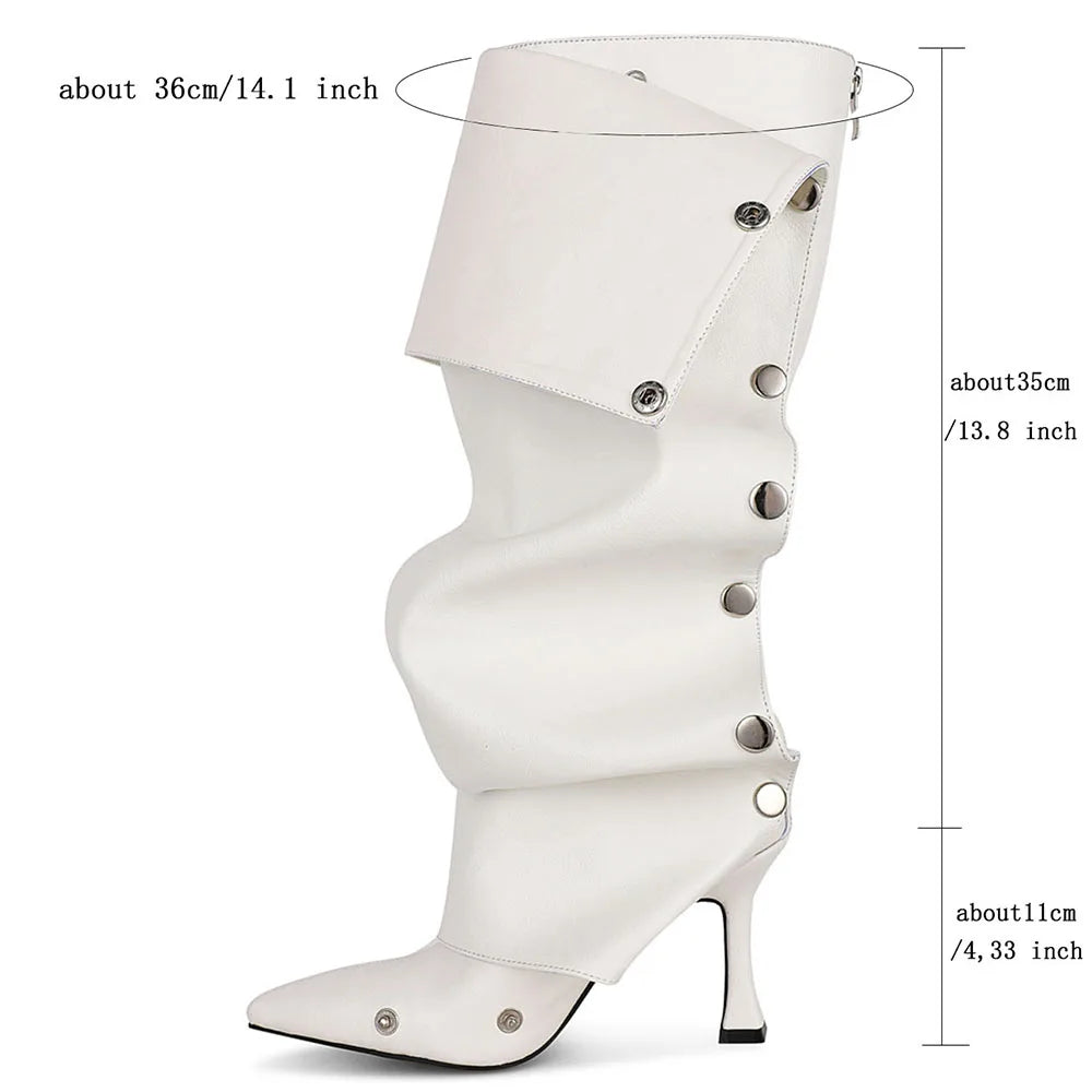 GIGIFOX Knee High Fold Over Boots For Women Stiletto High Heels Pointed Toe Back Zipper Shoes Adjustable Buckle Mid-calf Boots