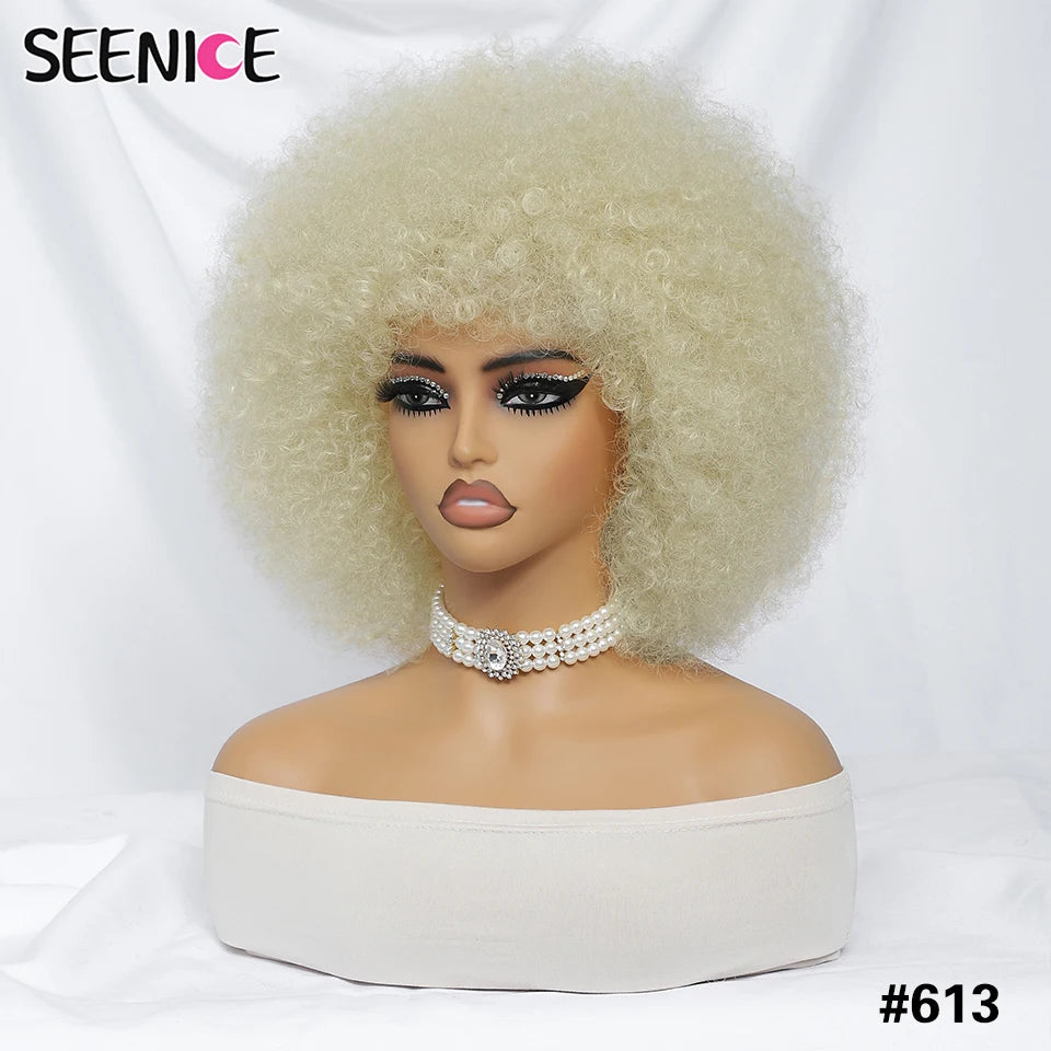 Short Afro Wigs for Black Women Blonde 10" Afro Curly Wig With Bangs 70s Bouncy Natural Synthetic Female Wigs for Party Cosplay