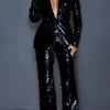 Women Two Piece Sets Sequin Blazer V Neck Full Sleeve Coats Temperament Slim Fit Casual High Waist Wide Leg Long Pants Suits