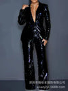 Women Two Piece Sets Sequin Blazer V Neck Full Sleeve Coats Temperament Slim Fit Casual High Waist Wide Leg Long Pants Suits