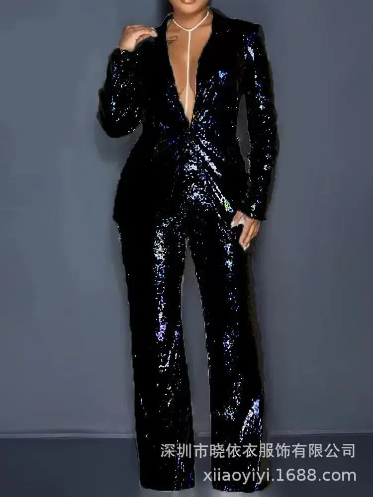 Women Two Piece Sets Sequin Blazer V Neck Full Sleeve Coats Temperament Slim Fit Casual High Waist Wide Leg Long Pants Suits