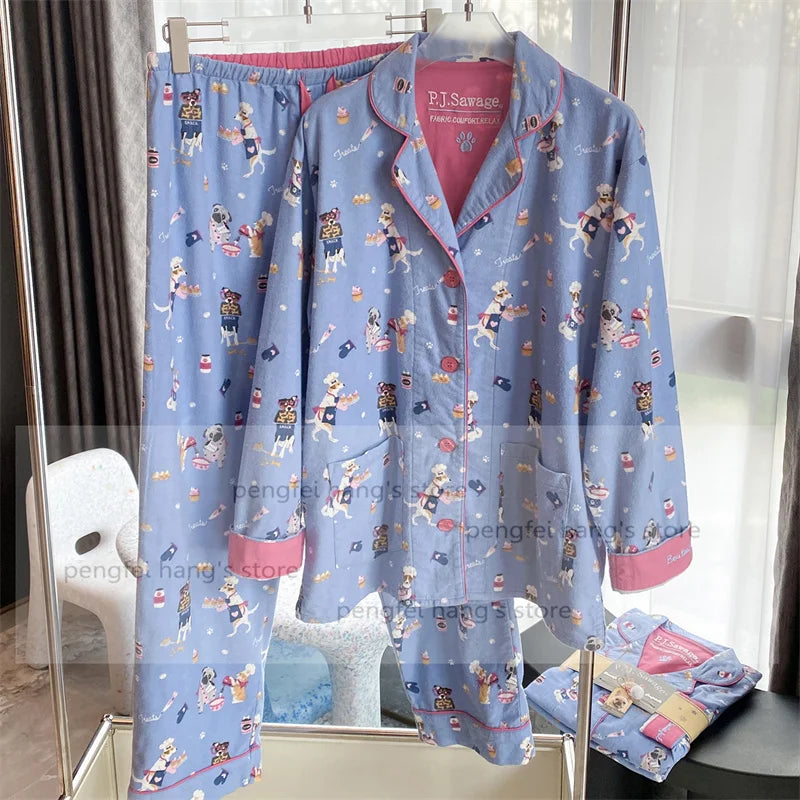 Pink Cartoon Print Pajamas Set Women Soft Sleepwear Cotton Shirt Pant Long Sleeve Autumn Home Clothing Christmas Party Gift
