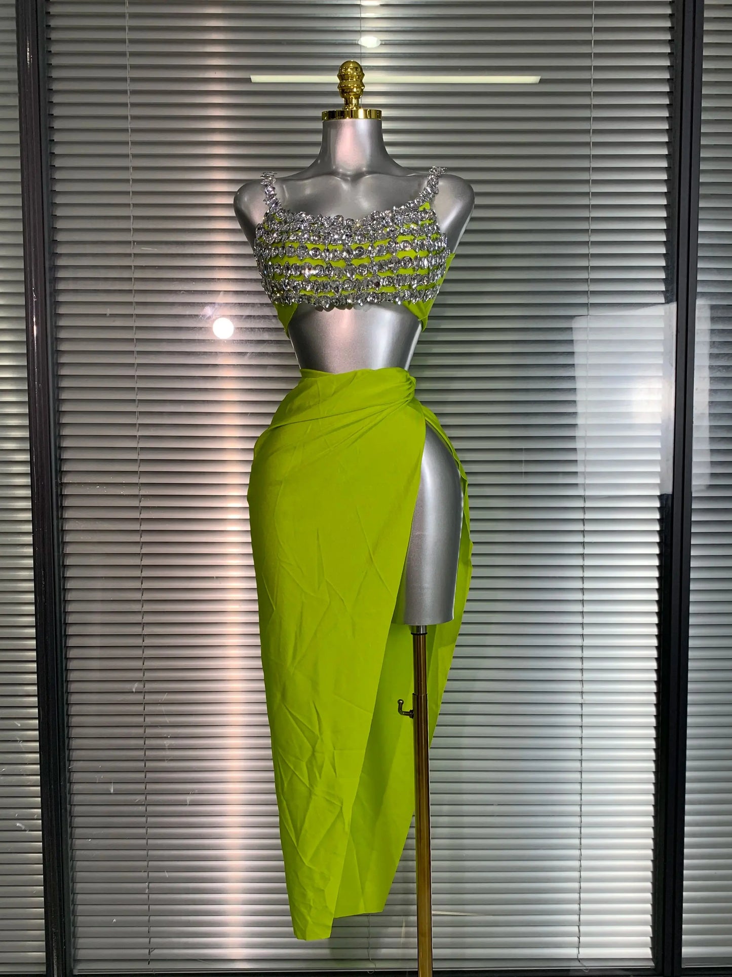 New Women Sexy Two Pieces Set Stretched Crystal Diamonds Night Club Skirt Suits Laced Singer Dancer Stage Performance Costume