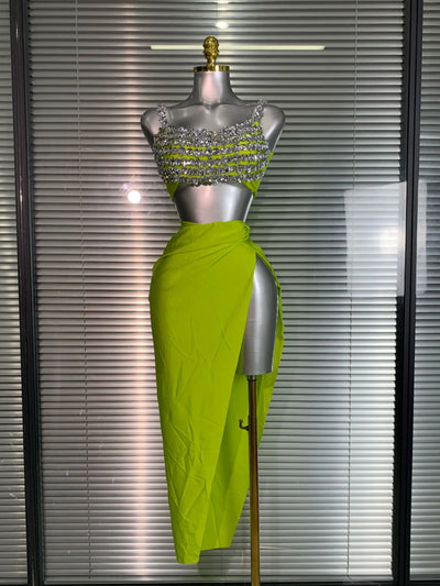 New Women Sexy Two Pieces Set Stretched Crystal Diamonds Night Club Skirt Suits Laced Singer Dancer Stage Performance Costume