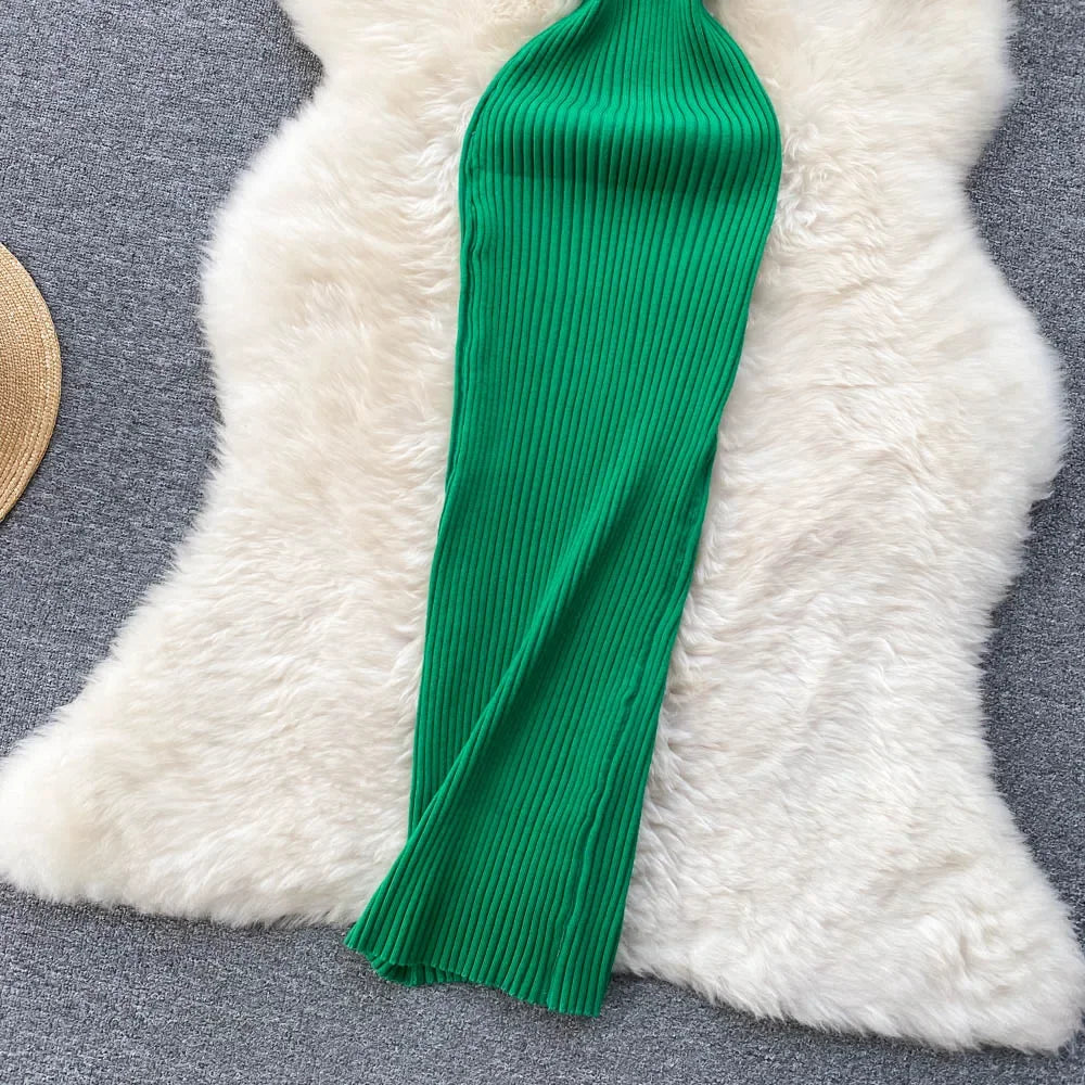 Summer V Neck Knit Sexy Strap Dress Women Elatic Waist Bodycon Sundress Female Beach Backless Maxi Long Dress