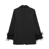 Willshela Women Fashion Satin Black With Feather Blazer Jacket Vintage Notched Neck Single Button Long Sleeves Female Outfits