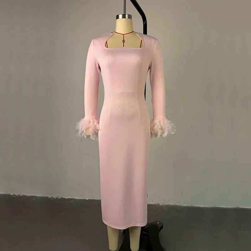 New Arrival Women Sexy High Waisted Long Sleeve Feather Trim Split Bandage Dress OL 2025 Elegant Evening Club Party Dresses